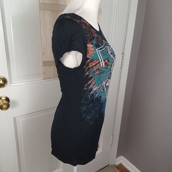 Harley Davidson Rose Wing Tee XS Black -Lace Back -Rhinestone Embellished - Picture 3 of 10